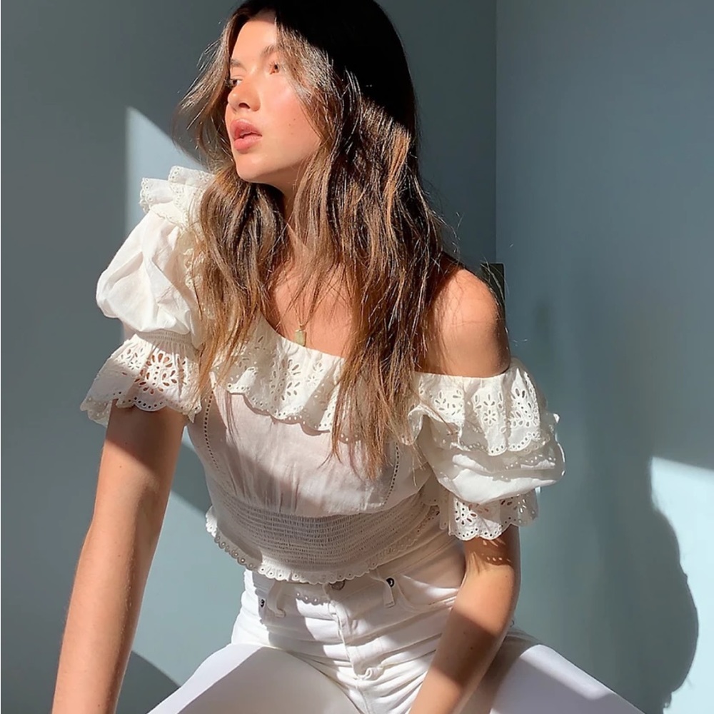 Sunday Best White Eyelet Off-Shoulder Ruffle Blouse